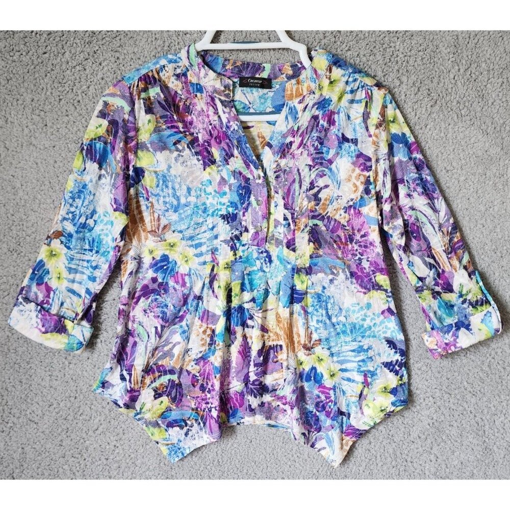 Cocomo Women's 3/4 Roll Tab Sleeve Pintuck V Neck Popover Knit Top Floral Sz PL